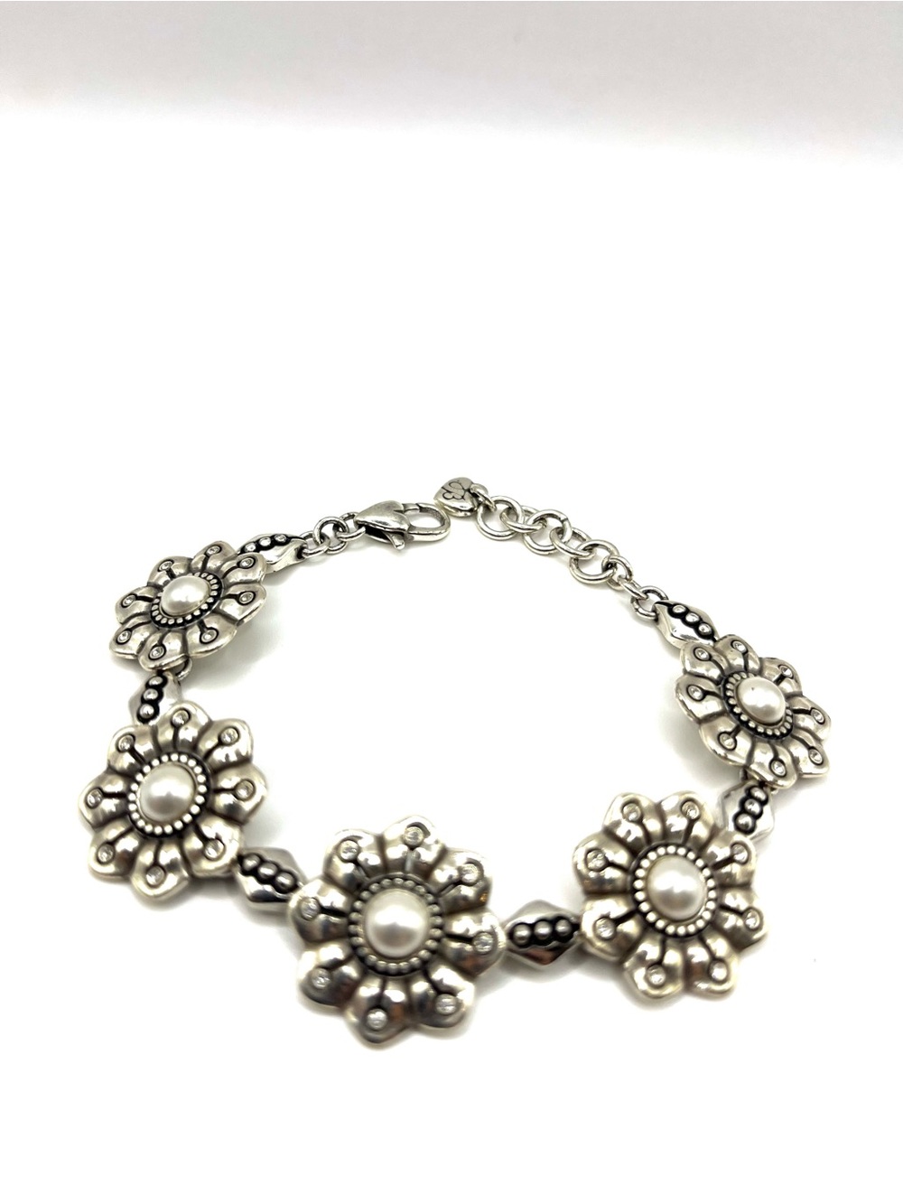 Brighton Greta Floral Bracelet with Pearl Centers and Crystals Silver Plated